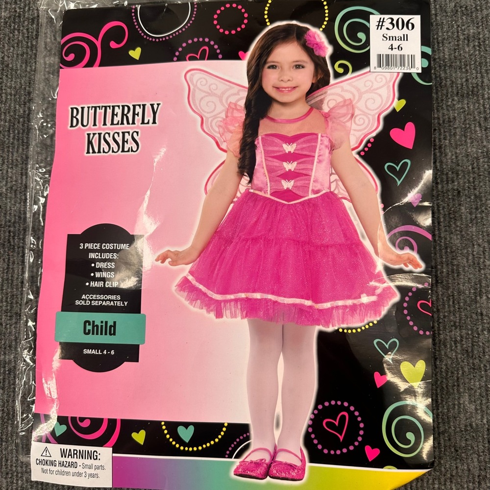 Halloween Butterfly Kisses Costume Girl Small 4-6 3pc Dress Wings Pink Modern